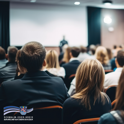 Mehrere Personen sitzen in einem Konferenzraum und hören einem Vortrag zu, der vorne an einer Leinwand gehalten wird. Der Vortragende ist unscharf im Hintergrund zu erkennen. Unten links befindet sich das Logo des Schwalm-Eder-Kreises mit dem Schriftzug „SCHWALM-EDER-KREIS – Der Kreis mit den schönsten Ecken“. Das Bild steht sinnbildlich für Informationsveranstaltungen oder Netzwerktreffen, z. B. im Bereich Wirtschaftsförderung.