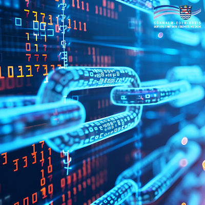 Symbolbild zur Cybersicherheit: Eine leuchtend blaue digitale Kette, die mit binären Zahlen und Datenströmen (Einsen und Nullen) überzogen ist, steht für vernetzte Systeme und Datensicherheit. Im Hintergrund sind orange und rote Zahlen auf dunklem Untergrund zu sehen. Oben rechts ist das Logo des Schwalm-Eder-Kreises mit dem Schriftzug „Der Kreis mit den schönsten Ecken“ eingeblendet.