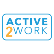 Das Logo zeigt den Schriftzug „ACTIVE2WORK“ in Großbuchstaben. Die Wörter „ACTIVE“ und „WORK“ sind in hellblauer Farbe gehalten, die Zahl „2“ ist in einem auffälligen Gelb-Orange hervorgehoben. Alle Elemente sind von einem abgerundeten, hellblauen Rahmen umgeben. Das Logo wirkt modern, klar und dynamisch.