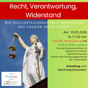 Auf dem Bild ist eine Justizia abgebildet. Die Online-Veranstaltung am 10. März von 16:00 bis 17:30 Uhr wird beworben. Referentin ist Frau Professorin Ulrike Lembke.