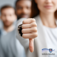 Eine Frau im Vordergrund zeigt mit ihrer Hand den Daumen nach unten – eine Geste der Ablehnung oder Kritik. Ihr Gesicht ist nur teilweise zu erkennen und unscharf, der Fokus liegt auf der Hand. Im Hintergrund stehen zwei weitere Personen, ebenfalls unscharf. Unten rechts ist das Logo des Schwalm-Eder-Kreises zu sehen.