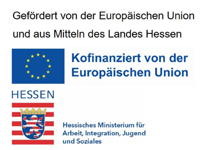 Hinweisgrafik zur Förderung: „Gefördert von der Europäischen Union und aus Mitteln des Landes Hessen“. Dazu Logos der Europäischen Union und des Landes Hessen sowie der Hinweis auf das Hessische Ministerium für Arbeit, Integration, Jugend und Soziales.