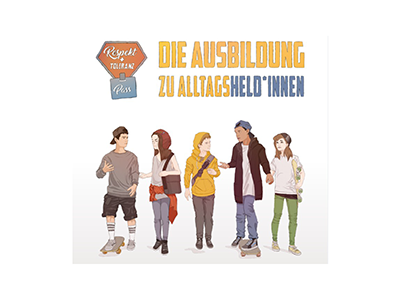 Illustration mit fünf Jugendlichen unterschiedlichen Geschlechts und unterschiedlicher Herkunft, die nebeneinander stehen und sich unterhalten. Über ihnen steht der Schriftzug „Die Ausbildung zu Alltagsheld*innen“. Links ist das Logo des Respekt- und Toleranzpasses zu sehen. Die Darstellung wirbt für Ausbildung, Vielfalt, Respekt und gesellschaftliches Engagement.