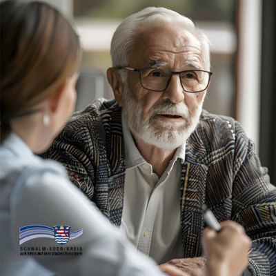 Ein älterer Mann mit weißem Haar, Brille und gepflegtem Bart sitzt an einem Tisch und spricht mit einer jüngeren Frau, die ihm gegenübersitzt. Er trägt ein kariertes Sakko und schaut aufmerksam in ihr Gesicht. Die Frau ist nur von hinten zu sehen. Beide befinden sich in einem hellen Raum mit großen Fenstern. In der unteren linken Bildecke befindet sich das Logo des Schwalm-Eder-Kreises. Die Szene symbolisiert ein beratendes oder unterstützendes Gespräch, etwa im Rahmen sozialer oder pflegerischer Angebote.