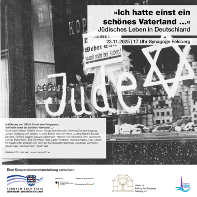 Das Bild zeigt ein historisches Schwarz-Weiß-Foto eines Schaufensters, auf das antisemitische Parolen und das Wort „Jude“ in weißer Farbe geschmiert wurden. Darüber liegt ein transparenter Textkasten mit der Ankündigung einer Veranstaltung: „Ich hatte einst ein schönes Vaterland … – Jüdisches Leben in Deutschland“, die am 23. November 2025 um 17 Uhr in der Synagoge Felsberg stattfindet. Unten sind Logos der Kooperationspartner abgebildet, darunter der Schwalm-Eder-Kreis, das Bundesprogramm „Demokratie leben!“, der Verein zur Rettung der Synagoge Felsberg e.V. und das Evangelische Forum.