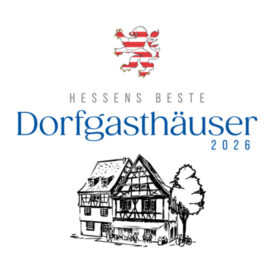 Die Grafik trägt den Titel „Hessens beste Dorfgasthäuser 2026“. Oben ist das hessische Wappen mit einem rot-weiß gestreiften Löwen zu sehen. Darunter steht der Schriftzug in großen Buchstaben. Im unteren Bereich ist eine schwarz-weiße Zeichnung eines Fachwerkhauses mit Außengastronomie, Personen und einem Baum abgebildet.