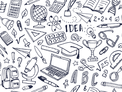 Schwarz-weiße Illustration mit vielen gezeichneten Symbolen rund um Schule, Lernen und Bildung, darunter Bücher, Stifte, Laptop, Globus, Taschenrechner, Reagenzglas, Lineal, Abschlusskappe, Trophäe, Zahlen, Buchstaben und Glühbirnen, die Kreativität, Wissen und schulisches Engagement darstellen.