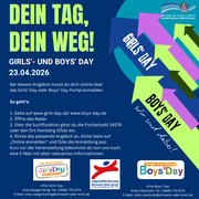 Informationsgrafik zum Girls’ Day und Boys’ Day 2026 im Schwalm-Eder-Kreis. Oben steht in großer Schrift: „Dein Tag, dein Weg!“ Darunter der Hinweis auf den Girls’ und Boys’ Day am 23. April 2026 sowie eine Anleitung zur Anmeldung über die Internetseiten girls-day.de oder boys-day.de. Rechts sind mehrere farbige Pfeile dargestellt, die verschiedene Wege symbolisieren. Unten sind Logos zum Girls’ Day, zur Jugendförderung des Schwalm-Eder-Kreises und zum Boys’ Day sowie Kontaktdaten für weitere Informationen aufgeführt. Oben rechts ist das Logo des Schwalm-Eder-Kreises eingeblendet.
