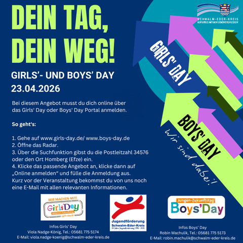 Informationsgrafik zum Girls’ Day und Boys’ Day 2026 im Schwalm-Eder-Kreis. Oben steht in großer Schrift: „Dein Tag, dein Weg!“ Darunter der Hinweis auf den Girls’ und Boys’ Day am 23. April 2026 sowie eine Anleitung zur Anmeldung über die Internetseiten girls-day.de oder boys-day.de. Rechts sind mehrere farbige Pfeile dargestellt, die verschiedene Wege symbolisieren. Unten sind Logos zum Girls’ Day, zur Jugendförderung des Schwalm-Eder-Kreises und zum Boys’ Day sowie Kontaktdaten für weitere Informationen aufgeführt. Oben rechts ist das Logo des Schwalm-Eder-Kreises eingeblendet.