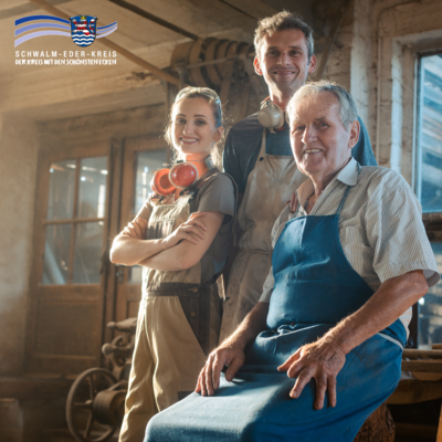 In einer Werkstatt mit warmem, natürlichem Licht stehen drei Personen, die freundlich in die Kamera blicken. Im Vordergrund sitzt ein älterer Mann mit grauen Haaren, gestreiftem Hemd und blauer Schürze auf einem Holzstamm. Hinter ihm stehen eine junge Frau und ein junger Mann, beide in Arbeitskleidung mit Latzhosen. Die Frau trägt einen Gehörschutz um den Hals, der Mann hat ebenfalls einen umgehängt. Alle drei wirken zufrieden und stolz, als würden sie gemeinsam in einem Handwerksbetrieb arbeiten. In der oberen linken Ecke befindet sich das Logo des Schwalm-Eder-Kreises mit dem Schriftzug „Der Kreis mit den schönsten Ecken“.