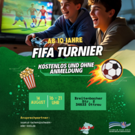 Das Bild bewirbt ein FIFA-Turnier für Kinder und Jugendliche. Im oberen Bereich des Bildes sieht man zwei Jungen, die lachend auf einem Sofa sitzen und mit Gamecontrollern ein Fußball-Videospiel spielen. Im Hintergrund ist ein Fernsehbildschirm mit einer Spielsituation aus einem Fußballspiel zu sehen. Darüber steht in großer, auffälliger Schrift: AB 10 JAHRE, FIFA TURNIER, KOSTENLOS UND OHNE ANMELDUNG Unten im Bild befinden sich weitere Informationen auf grünem Hintergrund: 14. August, 16–21 Uhr, Breitenbacher Str. 2, 34633 Ottrau Links daneben ist ein Popcorn-Symbol zu sehen, rechts ein Fußball mit Flammen – was für Action und Spaß steht. Unten links sind Kontaktdaten angegeben: Ansprechpartner: issam.al-tachem@schwalm-eder-kreis.de Unten rechts befinden sich das Logo des „JuKa-Treff“ (mit einer kleinen Karte Hessens) sowie das Wappen des Schwalm-Eder-Kreises mit dem Slogan: „DER KREIS MIT DEN SCHÖNSTEN ECKEN“. Das Bild bewirbt ein FIFA-Turnier für Kinder und Jugendliche. Im oberen Bereich des Bildes sieht man zwei Jungen, die lachend auf einem Sofa sitzen und mit Gamecontrollern ein Fußball-Videospiel spielen. Im Hintergrund ist ein Fernsehbildschirm mit einer Spielsituation aus einem Fußballspiel zu sehen. Darüber steht in großer, auffälliger Schrift: AB 10 JAHRE, FIFA TURNIER, KOSTENLOS UND OHNE ANMELDUNG Unten im Bild befinden sich weitere Informationen auf grünem Hintergrund: 14. August, 16–21 Uhr, Breitenbacher Str. 2, 34633 Ottrau Links daneben ist ein Popcorn-Symbol zu sehen, rechts ein Fußball mit Flammen – was für Action und Spaß steht. Unten links sind Kontaktdaten angegeben: Ansprechpartner: issam.al-tachem@schwalm-eder-kreis.de Unten rechts befinden sich das Logo des „JuKa-Treff“ (mit einer kleinen Karte Hessens) sowie das Wappen des Schwalm-Eder-Kreises mit dem Slogan: „DER KREIS MIT DEN SCHÖNSTEN ECKEN“.