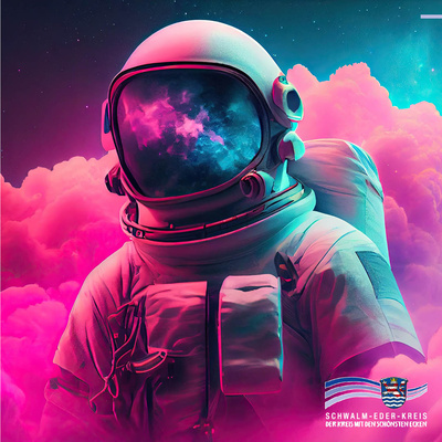 Eine Person in einem Raumanzug steht vor einem farbenfrohen, surrealen Hintergrund aus pinken und türkisfarbenen Wolken. Das Visier des Helms spiegelt einen sternenähnlichen, kosmischen Himmel wider. Die Szene wirkt futuristisch und träumerisch. Unten rechts ist das Logo des Schwalm-Eder-Kreises mit dem Schriftzug „Der Kreis mit den schönsten Ecken“ zu sehen