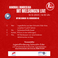 Das rote Plakat informiert über den Besuch eines Handball-Bundesligaspiels am 14. Dezember 2025 um 16:30 Uhr zwischen MT Melsungen und Bergischer HC in der Rotenbachhalle Kassel. Teilnehmen können Jugendliche aus dem Schwalm-Eder-Kreis im Alter von 11 bis 17 Jahren. Die Kosten betragen 10 Euro, und die Anreise erfolgt mit Kleinbussen von verschiedenen Abfahrtsorten im Kreis. Veranstalter ist die Jugendförderung Schwalm-Edergemeinsam mit kommunalen Jugendarbeiten. Auf dem Plakat sind die Logos beider Handballvereine sowie die Logos der Jugendförderung und des Schwalm-Eder-Kreises zu sehen.