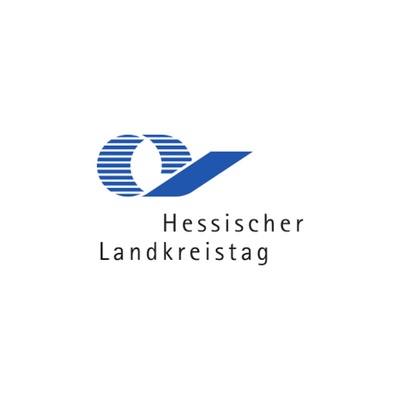 Logo des Hessischen Landkreistages mit stilisiertem blauen Symbol und dem Schriftzug „Hessischer Landkreistag“.