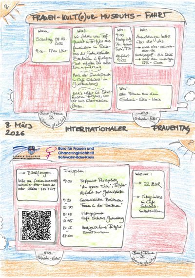 Anlässlich des Internationalen Frauentags am 8. März 2026 lädt das Büro für Frauen und Chancengleichheit des Schwalm-Eder-Kreises gemeinsam mit der vhs Schwalm-Eder zur Frauen-Kult(o)ur-Museumsfahrt ein. Von 9:00 bis 17:00 Uhr geht es im Reisebus zur Gedenkstätte Breitenau in Guxhagen – dort findet eine Führung zum Thema „Frauen in der Breitenau“ statt. Anschließend folgt eine Mittagspause im Café Schwarz in Gudensberg (Selbstzahlerinnen), bevor das Stadtmuseum Hofgeismar besucht wird. Teilnehmen können alle Frauen aus dem Schwalm-Eder-Kreis. Die Teilnahmegebühr beträgt 22 Euro. Anmeldungen sind bis zum 8. März über die vhs Schwalm-Eder möglich: www.vhs-schwalm-eder.de